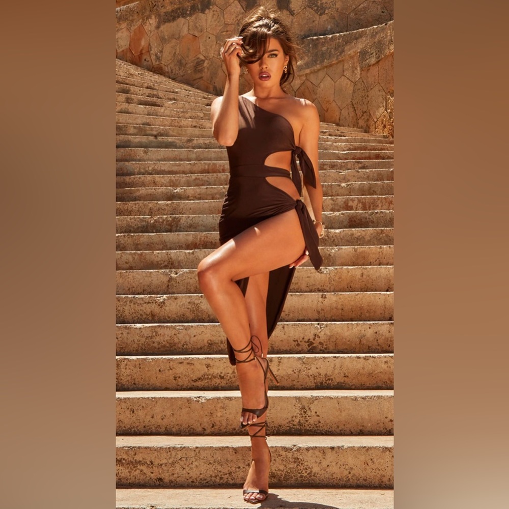 PLT One Shoulder Side Tie Chocolate Brown Dress (US0)